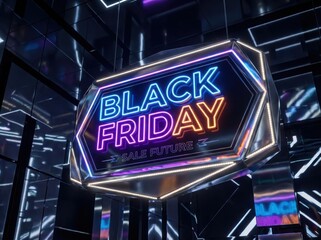 Neon sign advertising Black Friday sales, showcasing a futuristic and modern design with vibrant colors.