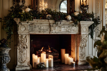 Elegant fireplace mantel adorned with foliage and candles, radiating warmth and inviting cozy winter evenings, perfect for holiday gatherings