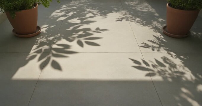 Sunlit shadows of leaves cast on a neutral-toned tiled patio with potted plants visible on the sides