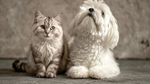 A fluffy white dog and a sleek grey cat are sitting on a tiled floor. The dog is laying down. Neutral minimal scene with an American Curl Cat beside a Maltese Dog, cat and dog minimalist scene
