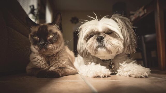 A cat and a dog are laying on the floor. The cat is brown and the dog is white. Neutral wide-angle minimal scene of a Devon Rex Cat and Shih Tzu Dog, cat and dog minimalist scene