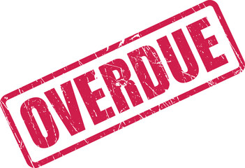 Bright red overdue stamp with grunge texture diagonally set against a plain white background