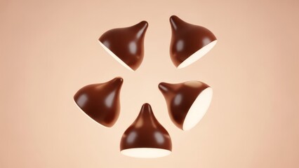 A symmetrical arrangement of five chocolate candy pieces on a light brown background surface view