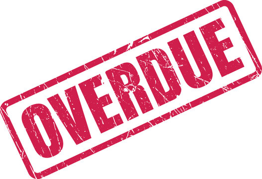 Bright red overdue stamp with grunge texture diagonally set against a plain white background