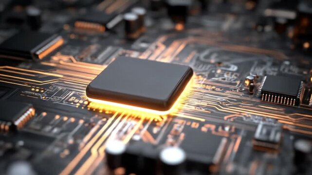 Macro shot of a processor on a dense circuit board, glowing copper traces and tiny components vivid