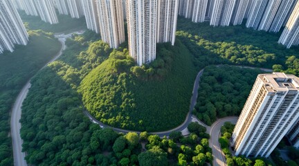 Aerial view of lush greenery amidst dense urban high rise buildings