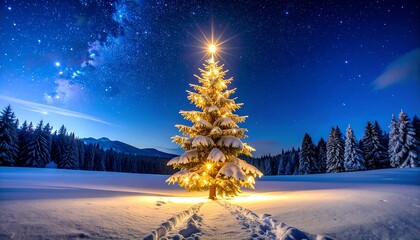 Illuminated Christmas tree in snowfield, under starry night