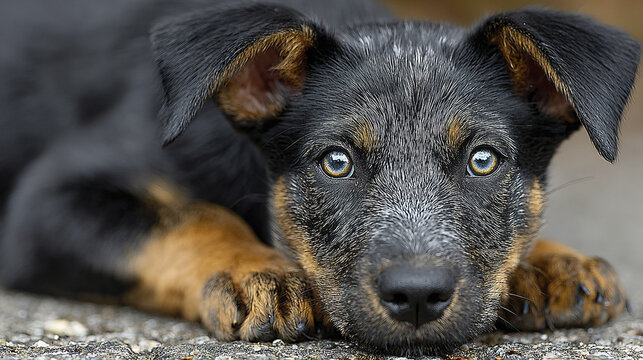 Calm young dog lying on paved ground with gentle natural light highlighting its black and brown fur and expressive eyes, creating peaceful and tender atmosphere