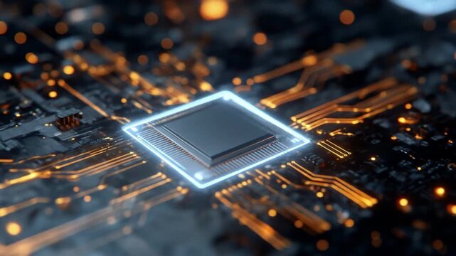 Glowing microprocessor sits center on a dark circuit board, with neon blue edges and orange traces!