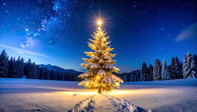 Illuminated Christmas tree in snowfield, under starry night - Powered by Adobe