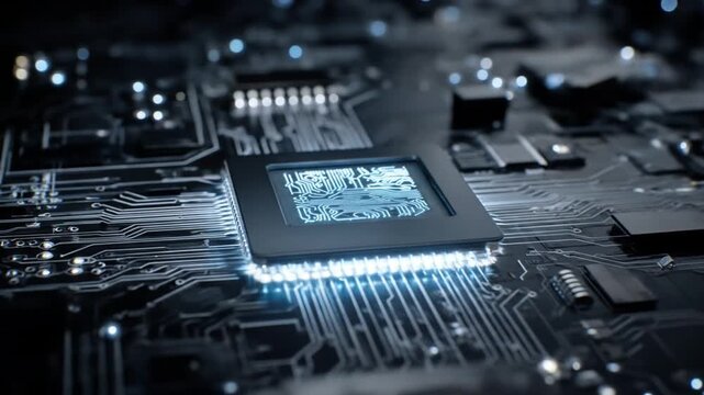 Close-up of a blue-lit microprocessor on a dense dim circuit board with shimmering, intricate traces