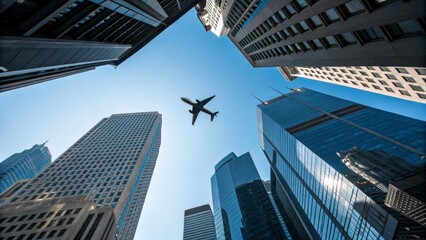 Airplane flying over towering skyscrapers in a clear blue sky