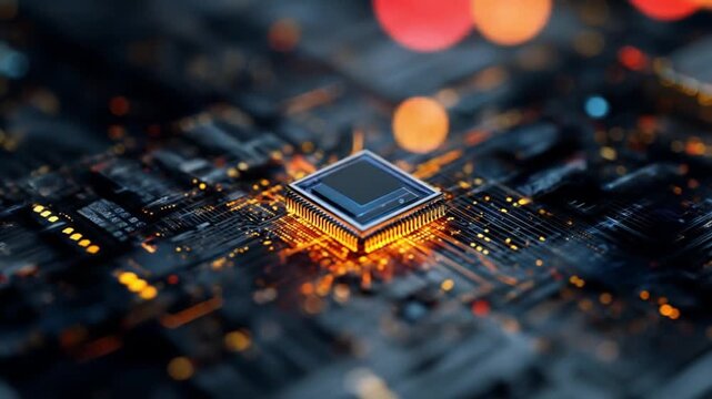 Macro shot of a processor on a dark PCB, warm bokeh orbs surround the microchip. with glossy traces!