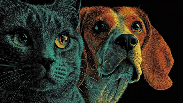 A cat and a dog are shown side by side. The dog is brown and the cat is black. Minimal glowing line-work of a Chartreux Cat and Beagle Dog, cat and dog minimalist scene