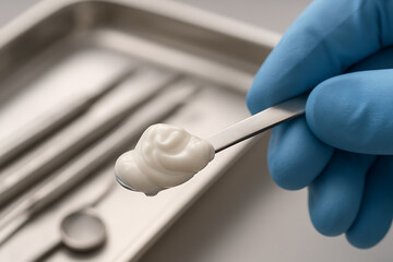 A close-up of a gloved hand holding a dental spatula with a smooth mound of filling material, emphasizing precision preparation in restorative dentistry.
