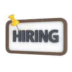 Hiring Sign Pinned with Yellow Pushpin on White Rectangle Board with Gray Text Recruitment Opportunity Employment Vacancy Announcement