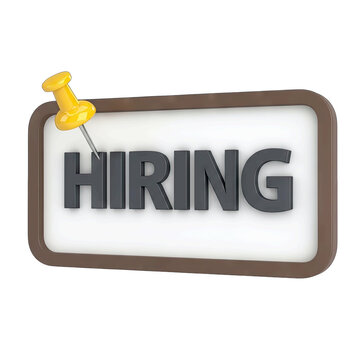 Hiring Sign Pinned with Yellow Pushpin on White Rectangle Board with Gray Text Recruitment Opportunity Employment Vacancy Announcement