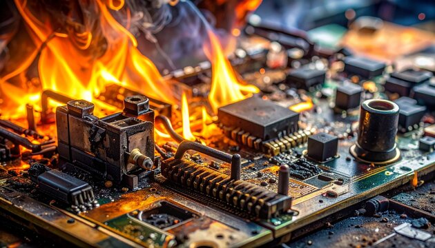 burnt electric board damaged circuit charred component melted plastic blackened resistor short circuit failure heat stress cracked solder hazardous repair inspection failure analysis emergency mainten