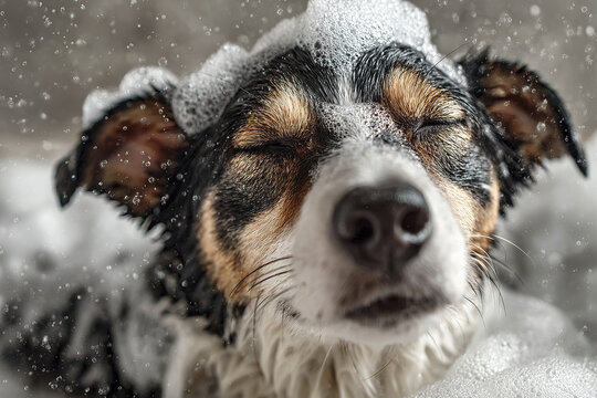 Cute dog enjoying bath covered in fluffy white soap suds with eyes closed and water droplets splashing around, showing joyful and relaxed expression