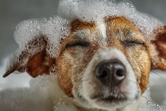 Cute dog enjoying bath covered in fluffy white soap suds with eyes closed in relaxation and comfort during grooming time