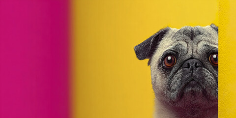 Cute pug peek bright bold backdrop with crisp contours and expressive eyes, creating charming and playful mood in this close up portrait