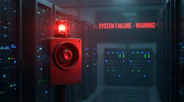 A red flashing alarm light and siren in a dark server room with a 'SYSTEM FAILURE - WARNING' message displayed on a screen.