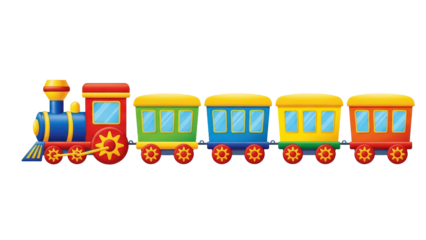 Colorful toy train with multiple carriages isolated on transparent background