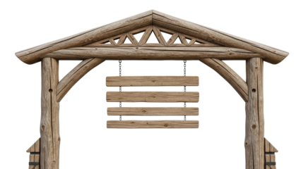 Rustic wooden archway with blank wooden signs isolated on transparent background