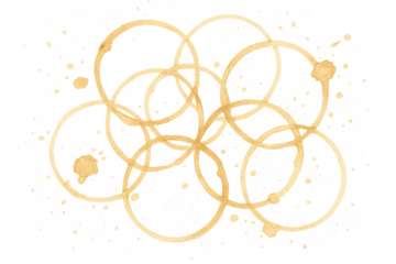 Coffee cup stains making abstract ring patterns with splashes, brown liquid marks, and transparent background