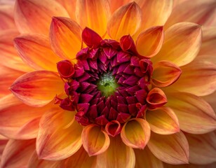 A close-up view of a vibrant flower showcasing layers of orange and red petals with a deep, purple center, a green eye
