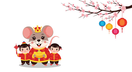 Fototapeta premium Chinese New Year illustration featuring a cute rat king with two children, under a blooming cherry blossom branch with lanterns.
