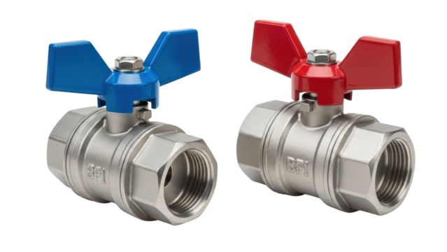 Two ball valves with red and blue handles isolated on transparent background