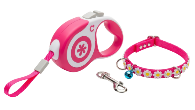 Pink retractable dog leash and decorative collar isolated on transparent background