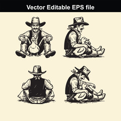 four different views of a vintage cowboy character sitting down and holding a duck or goose in a detailed black and white vector illustration style