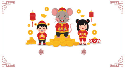 Fototapeta premium Happy Chinese New Year illustration with a large rat and two children in traditional red attire, surrounded by gold and lanterns.