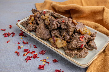 Spicy Pan-Fried Liver with Chili Flakes on a Plate