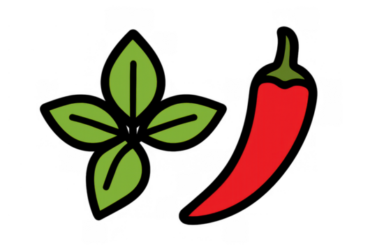 Spicy chili pepper and fresh basil leaves, hot ingredient and aromatic herb for cooking food vector illustration - Powered by Adobe