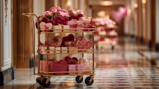 Luxury Hotel Bellboy Cart Valentine Gifts Pink Heart Boxes