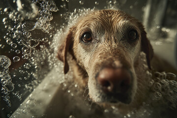 Wet dog close up with soap bubbles during bath time, soft diffused light highlights fur texture and expressive eyes, creating warm and tender moment