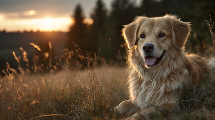 Golden retriever dog enjoying warm field light with soft highlights at ground level during sunset in natural outdoor environment