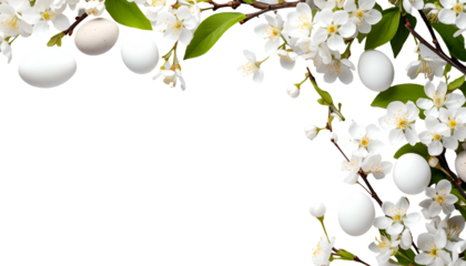 Elegant composition of white flowers, eggs, and leaves against a stark black backdrop