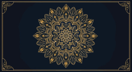 Luxurious golden mandala background with intricate floral patterns and an elegant vintage frame on a dark blue textured canvas.