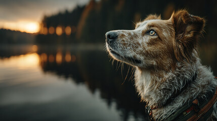 Dog gazing up with attentive eyes near calm lake at sunset with warm tones and shallow depth of field creating intimate mood