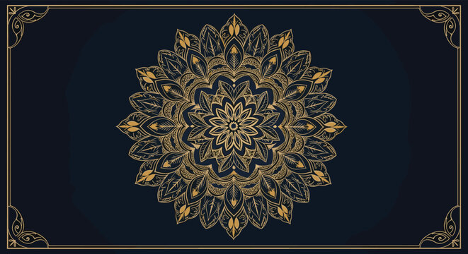 Luxurious golden mandala background with intricate floral patterns and an elegant vintage frame on a dark blue textured canvas.