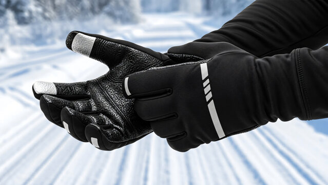 Thermal running gloves being put on for winter marathon race  