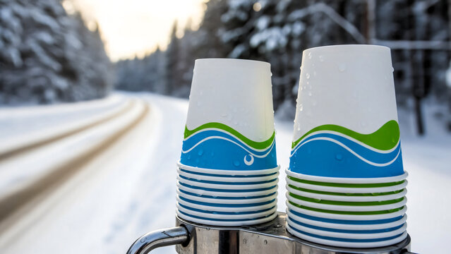 Stacked paper cups at water station during winter marathon race   - Powered by Adobe