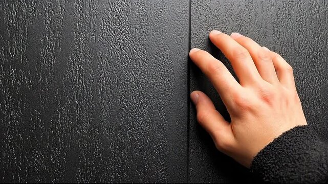 Close-up of a hand touching a textured black surface, emphasizing texture and touch.