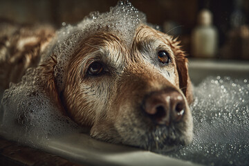 Dog in soapy bath with foam bubbles on head and wet fur, close up of calm pet relaxing in bathtub with soft controlled lighting creating tender atmosphere