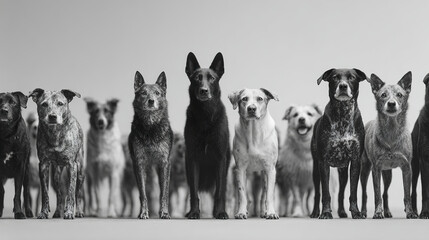 Obraz premium Black and white photo of dog lineup across frame with various breeds standing evenly spaced on bright seamless background, showing attentive and calm expressions