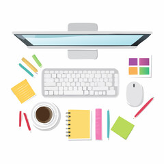 Overhead View of a Creative Workspace with Computer, Keyboard, and Coffee